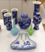 A collection of Chinese blue and white prunus vases and a jar and cover, a ko-sometsuke style dish