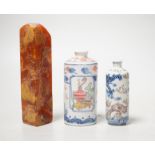 Two Chinese porcelain snuff bottles and a Chinese soapstone seal, 12.7cm