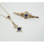 An Edwardian 15ct gold, sapphire and seed pearl set drop pendant necklace, overall 52cm, gross