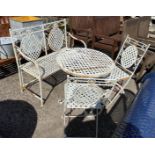 A metal folding garden bench, width 103cm, height 96cm, a pair of chairs and a circular table