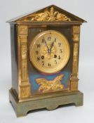 A French ormolu mounted brass architectural mantel clock with Surrey Yeomanry 1908 inscription,