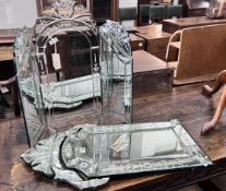A Venetian style triple dressing table mirror, height 63cm together with a circular wall mirror,