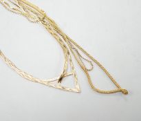 Two modern 9ct gold chains, longest 50cm, 6.3 grams, a 14k chain, 46cm, 2.6 grams and a 750 yellow