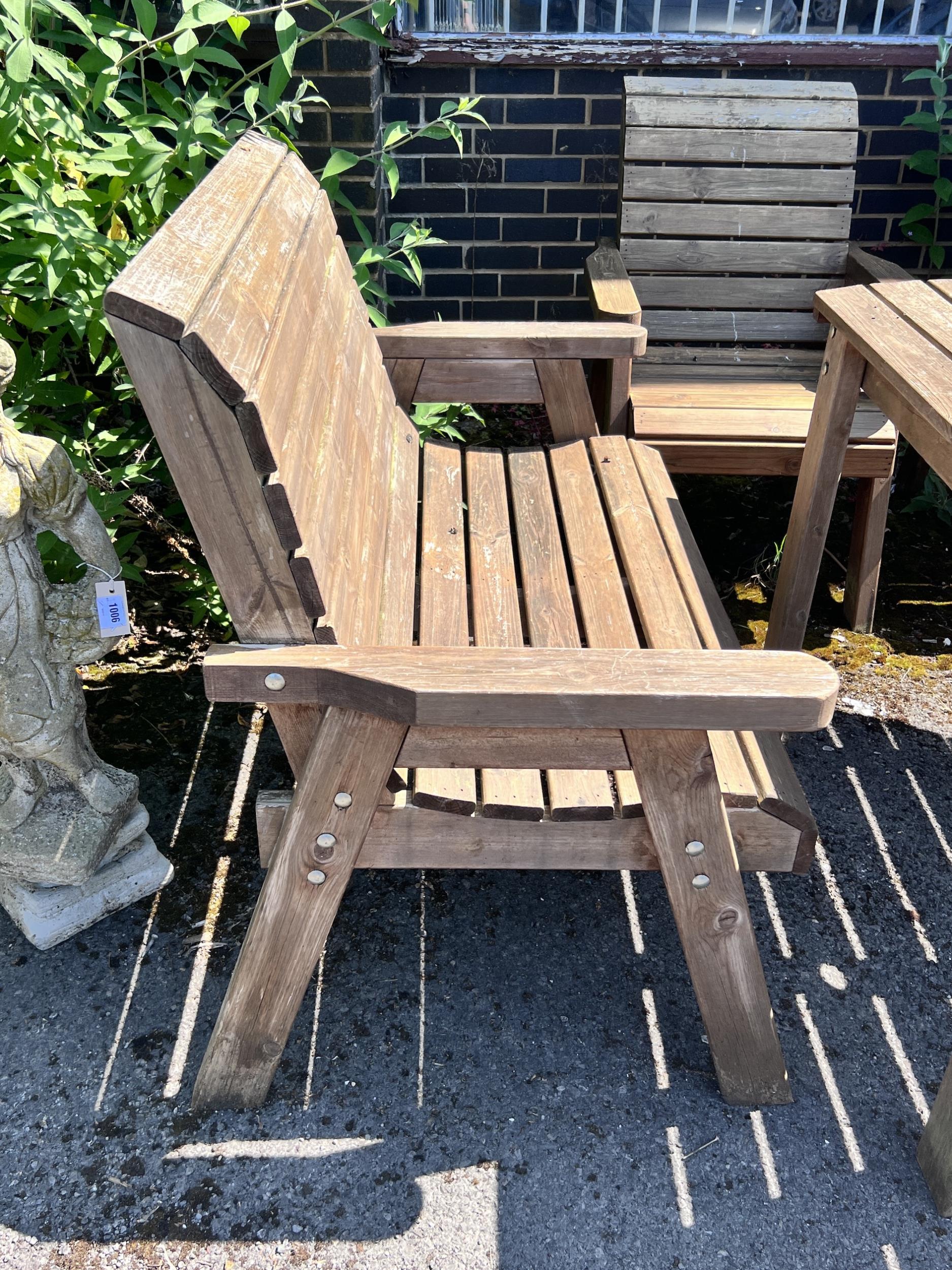 A rectangular slatted teak garden table, length 130cm, width 96cm, height 79cm, together with a pair - Image 7 of 10