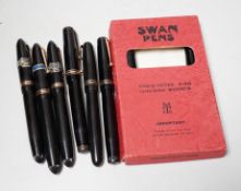 A quantity of fountain pens, including seven Swan