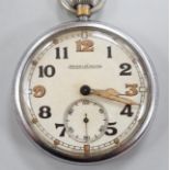 A nickel cased Jaeger LeCoultre military issue pocket watch, with Arabic dial and subsidiary