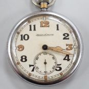 A nickel cased Jaeger LeCoultre military issue pocket watch, with Arabic dial and subsidiary