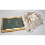 A pair of framed 17th / 18th century gilt-bronze putti mounts, each 7cm, and a 19th century