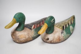 Two painted wood decoy ducks, 33cm long