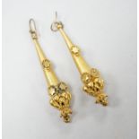 A pair of Victorian yellow metal conical shaped drop earrings, 56mm, gross weight 8.6 grams.