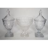 A pair of Regency Irish cut glass sweetmeat vases and covers, 30cm high and an Edwardian cut glass