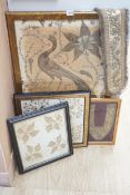 Three framed Indian gold thread embroideries and a similar tie back, largest 45cm x 74cm