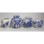 Four assorted late 19th century Chinese blue and white pots, tallest 15cm (a.f.)
