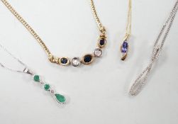 Four assorted modern 375 and gem set pendant necklaces, including white 375 and diamond chip set,