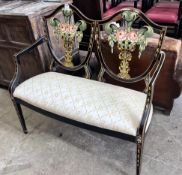 A Sheraton style painted double chair-back settee, length 103cm, depth 49cm, height 102cm