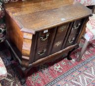 A French oak and walnut two drawer commode, width 81cm, depth 45cm, height 75cm