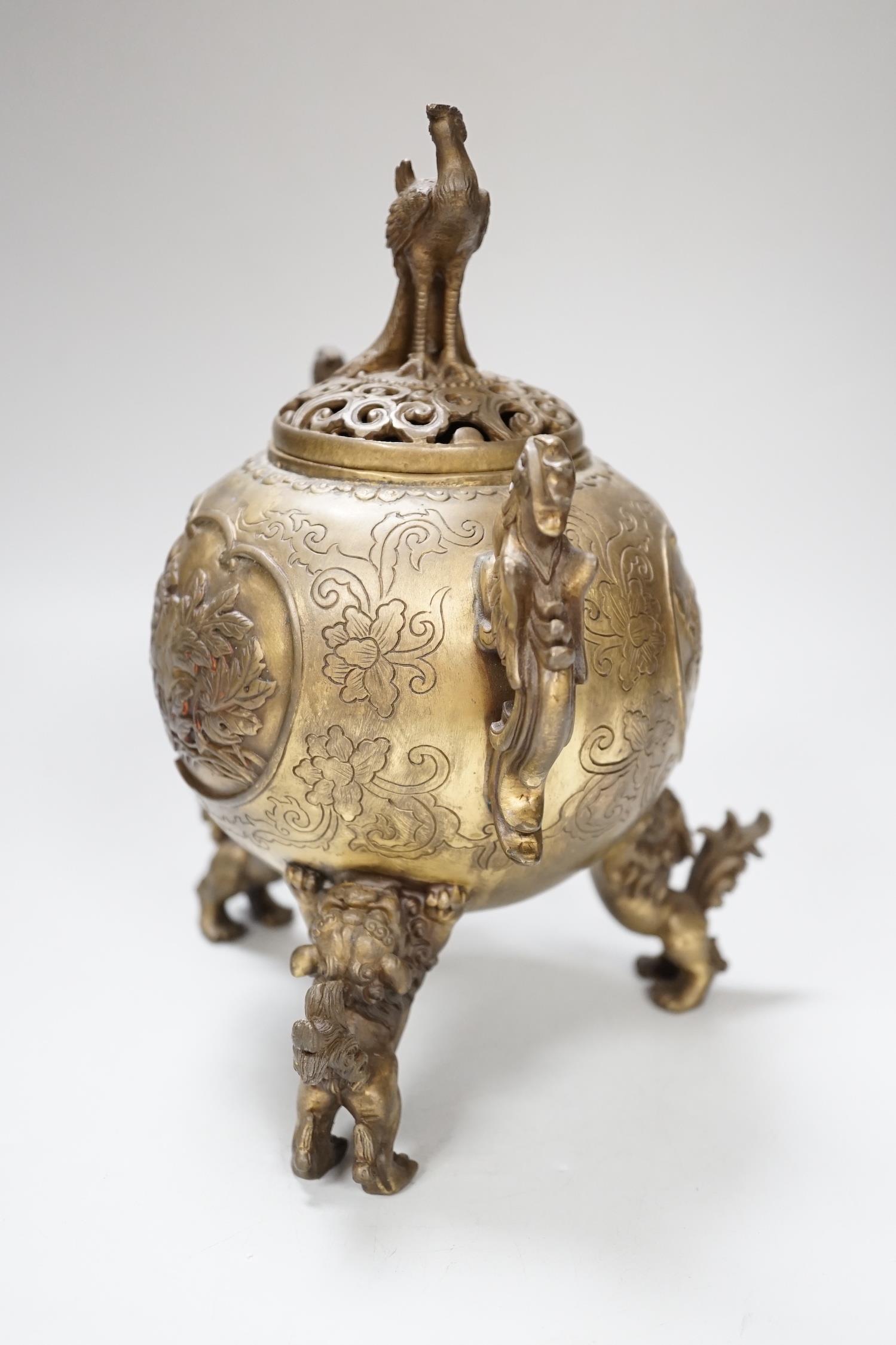 A Japanese bronze shi-shi footed censer and cover, 22cm high - Image 6 of 9