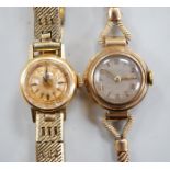 A lady's 9ct gold Omega manual wind wrist watch, on a gold plated bracelet, together with a lady's