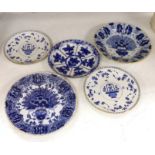 Five 18th century Delft blue and white plates, largest 31cm