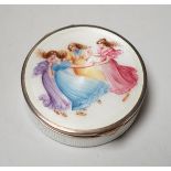 A German silver and enamel circular powder box, decorated with dancing maidens, import marks for