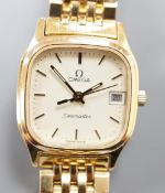 A lady's steel and gold plated Omega Seamaster quartz wrist watch, on an Omega gold plated