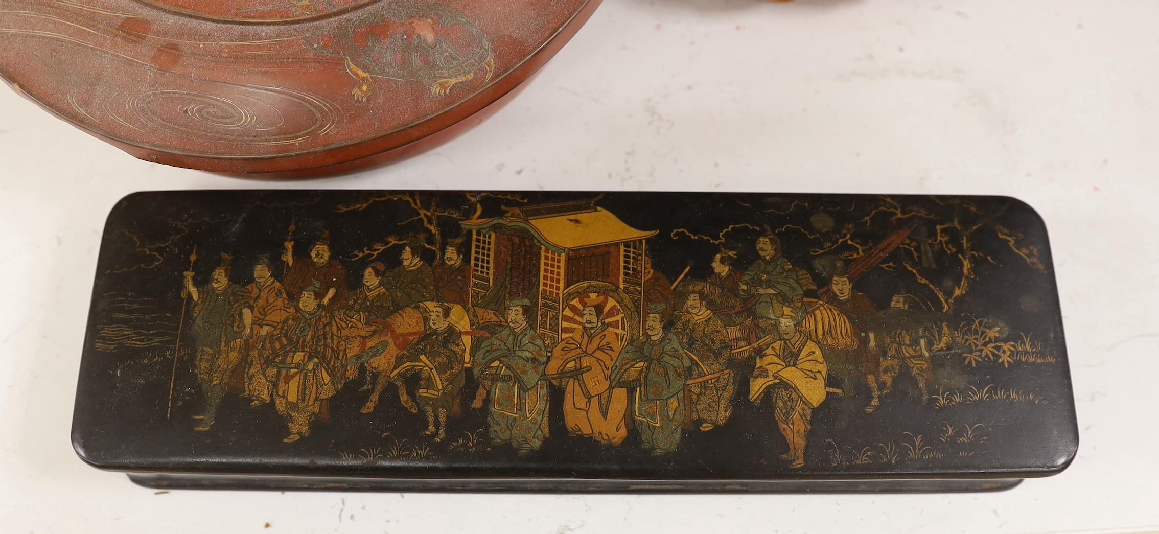 A Chinese black lacquer and mother of pearl box, two red lacquer boxes and a Chinoiserie painted - Image 2 of 4