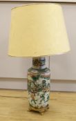 A 19th century Chinese famille verte rouleau vase with gilt metal base, now as a lamp, vase base