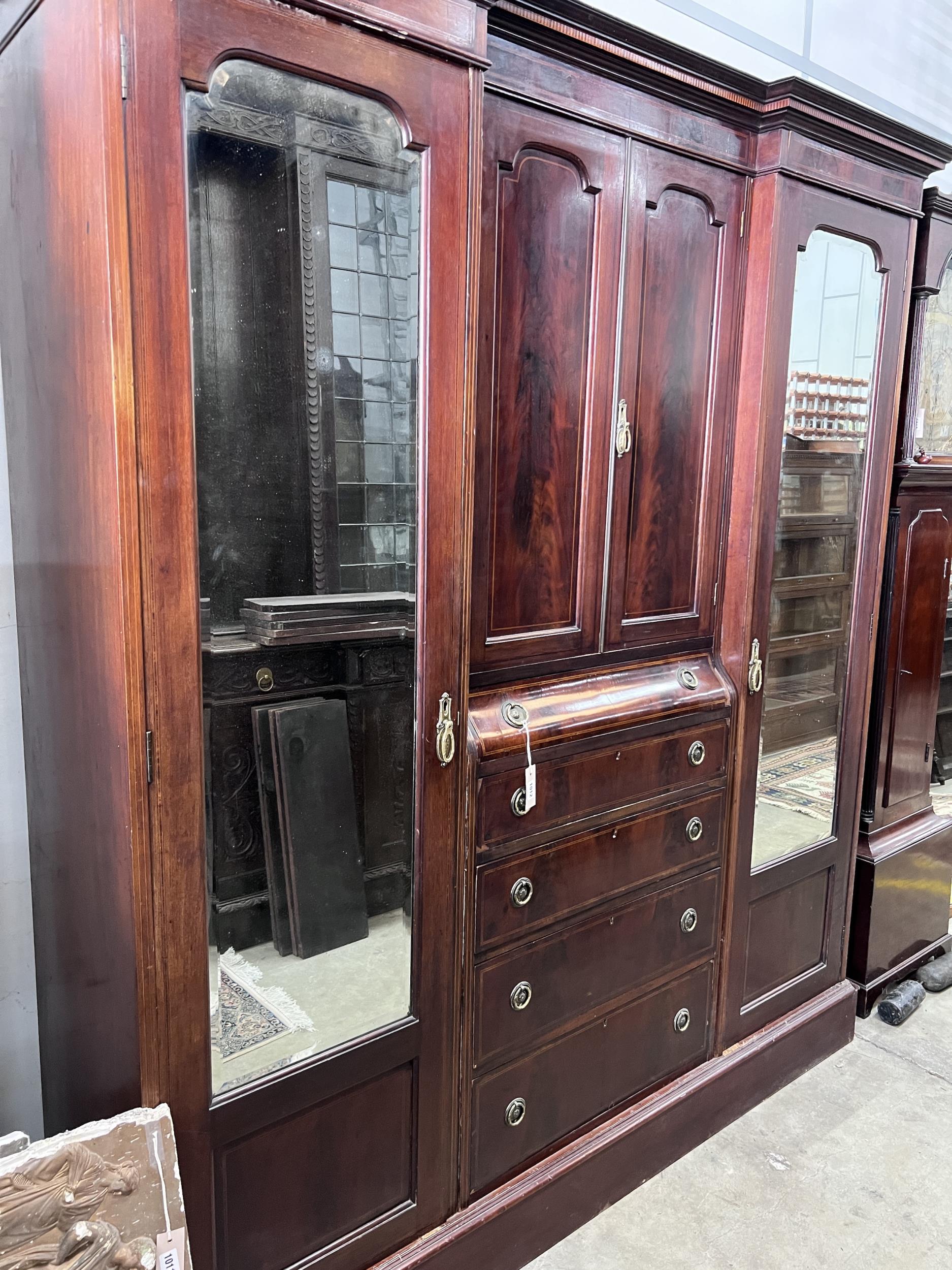 An Edwardian satinwood banded mahogany mirrored wardrobe, width 190cm, depth 56cm, height 212cm - Image 4 of 6