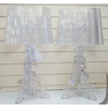 A pair of Bourgie table lamps by Kartell, clear polycarbonate, with original adjustable shades, 69cm