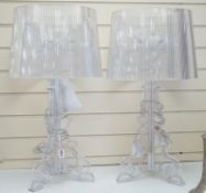 A pair of Bourgie table lamps by Kartell, clear polycarbonate, with original adjustable shades, 69cm