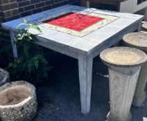 A square mosaic topped zinc garden table, width 122cm, height 77cm