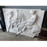 A pair of cast plaster panels of horsemen, each panel width 140cm, height 100cm