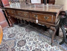An 18th century and later oak low dresser on cabriole supports, width 178cm, depth 45cm, height