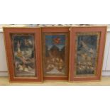 Asian School, three watercolours heightened with gilt, Scenes from folklore, 68 x 31cm, overall