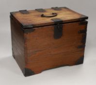 A Japanese iron mounted box, with black lacquer interior tray, box 30cm wide