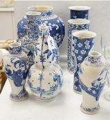 A Chinese blue and white Buddhist lion moon flask, a baluster vase, three sleeve vases and two