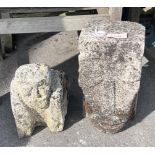 An 'Inca' carved stone head and another of a crouching figure, tallest 43cm