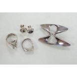 A Georg Jensen sterling free form brooch, design no. 369, a pair of Georg Jensen ear studs and two