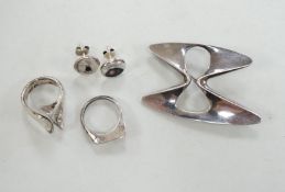 A Georg Jensen sterling free form brooch, design no. 369, a pair of Georg Jensen ear studs and two