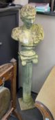 A reconstituted stone classical garden bust on ionic column, height 152cm