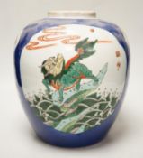 A large Samson powder blue ovoid jar enamelled in Chinese style, 26cm