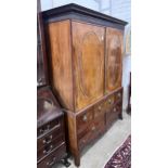 A George III banded mahogany linen press converted to a hanging wardrobe, width 147cm, depth 64cm,