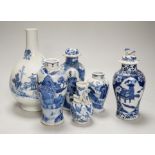 A Chinese armorial blue and white bottle vase, Qianlong/Jiaqing period, and five assorted 19th