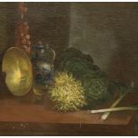 19th century Continental School, oil on canvas, Still life of vegetables, a faience flagon and a
