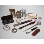 Small silverware and other items including a mug, vase, lipstick holder, lorgnettes etc.