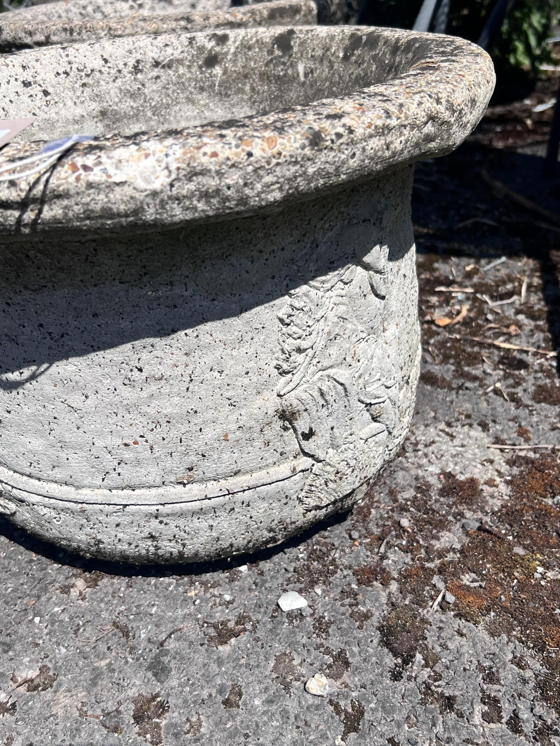 A set of four circular reconstituted stone garden planters, diameter 41cm, height 28cm - Image 4 of 8