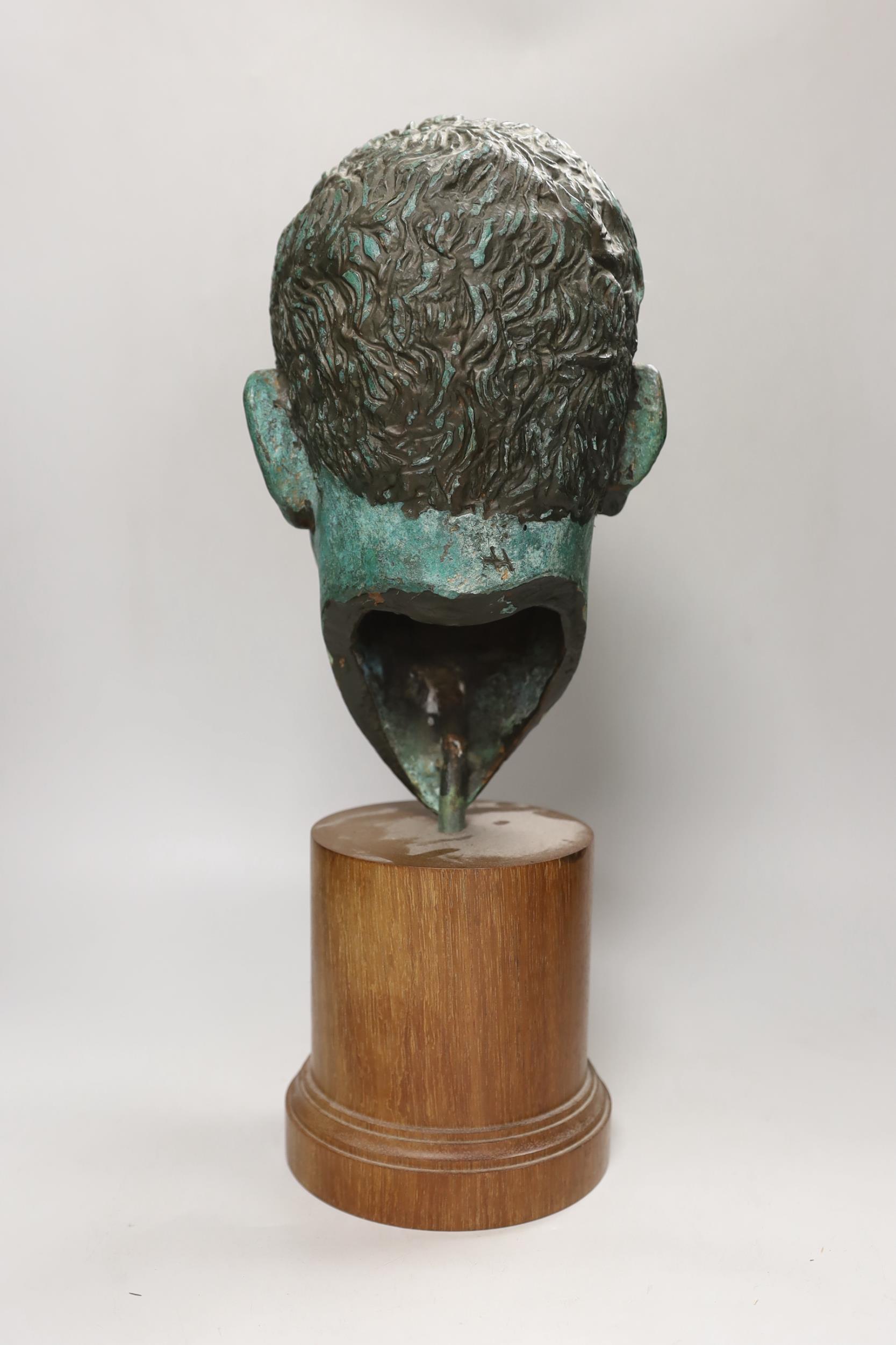 A verdigris metal head of a gentleman mounted on a wooden stand, 48cm high - Image 3 of 3