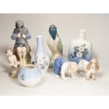 A group of assorted Royal Copenhagen figures and vases, tallest 17cm, together with a continental