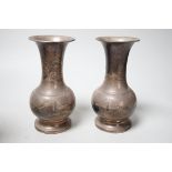 A pair of George V silver mounted spill vases, Birmingham, 1934, 14.2cm, weighted.