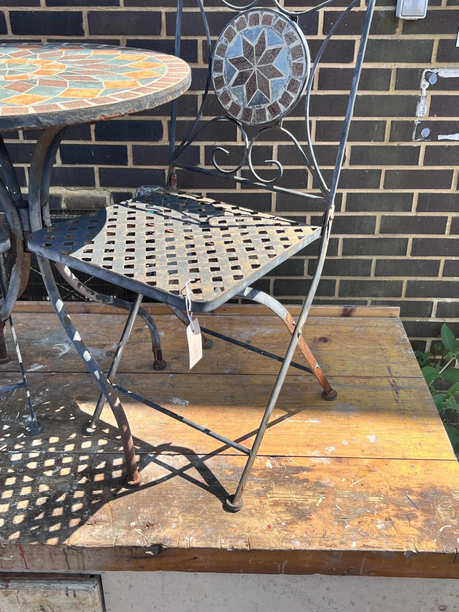 A circular mosaic topped garden table, diameter 60cm, height 73cm, and a pair of matching folding - Image 2 of 9